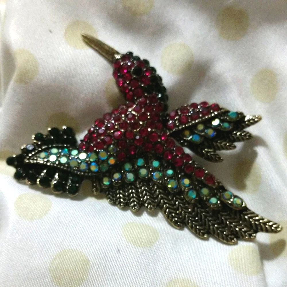 Hummingbird Deluxe Handcrafted Rhinestone Brooch Pin/Pink & Teal Vintage 3